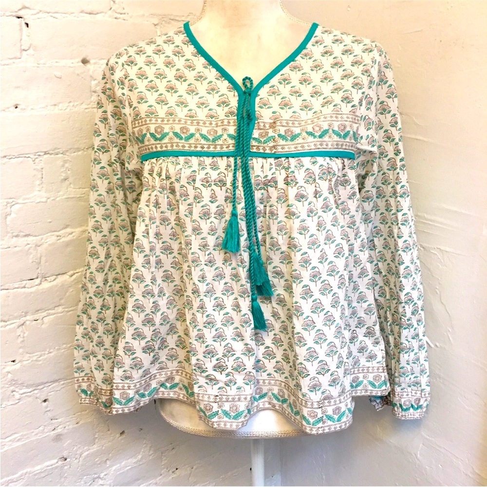Marea cotton tassel tie peasant top blue pink floral size xs